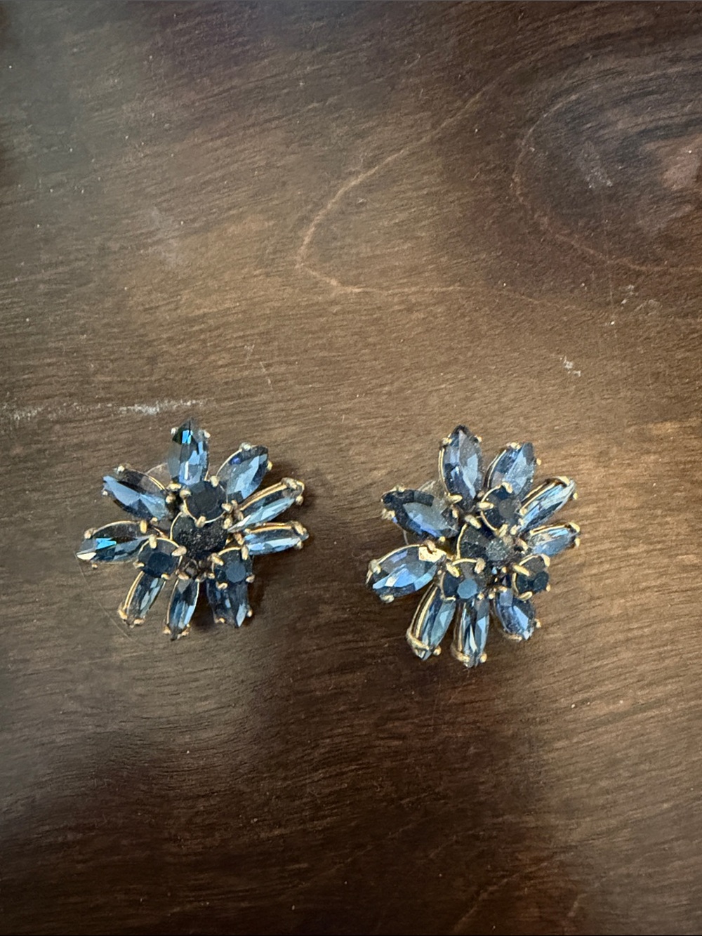 J.Crew Vintage Crystal Flower Statement Stud Earrings Blue Gray Gold